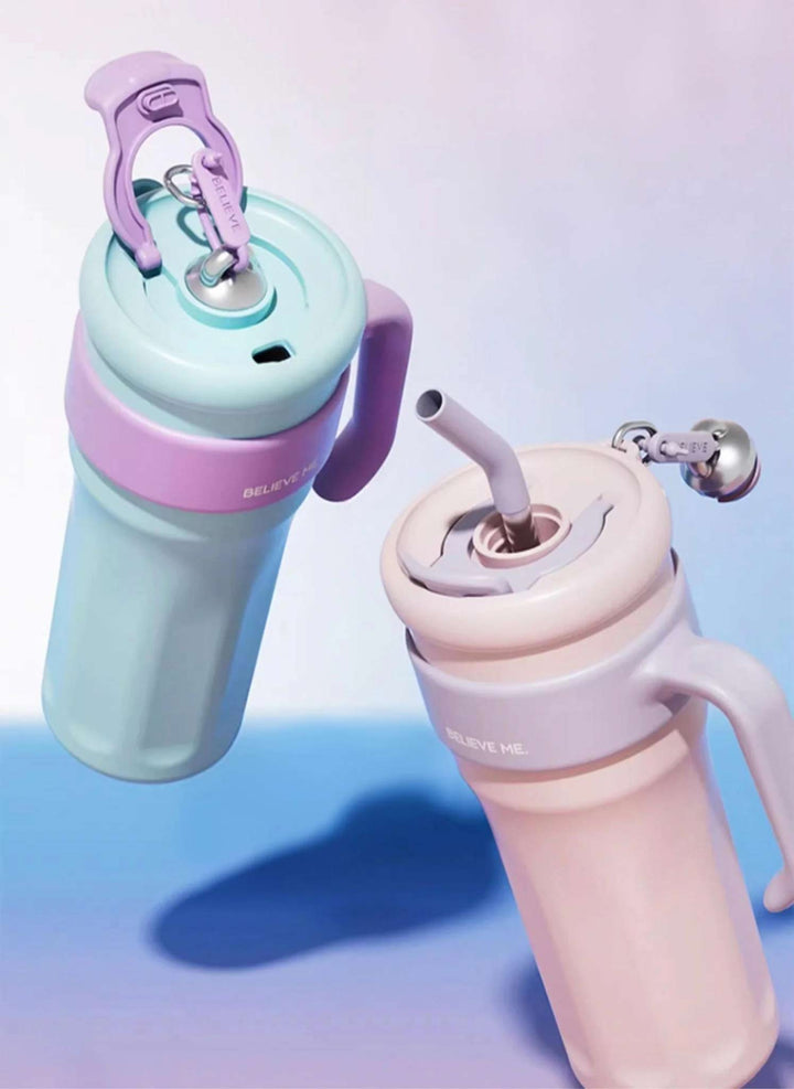MyLaEvo blue and pink bottles showing both straw and direct-drink lid functions
