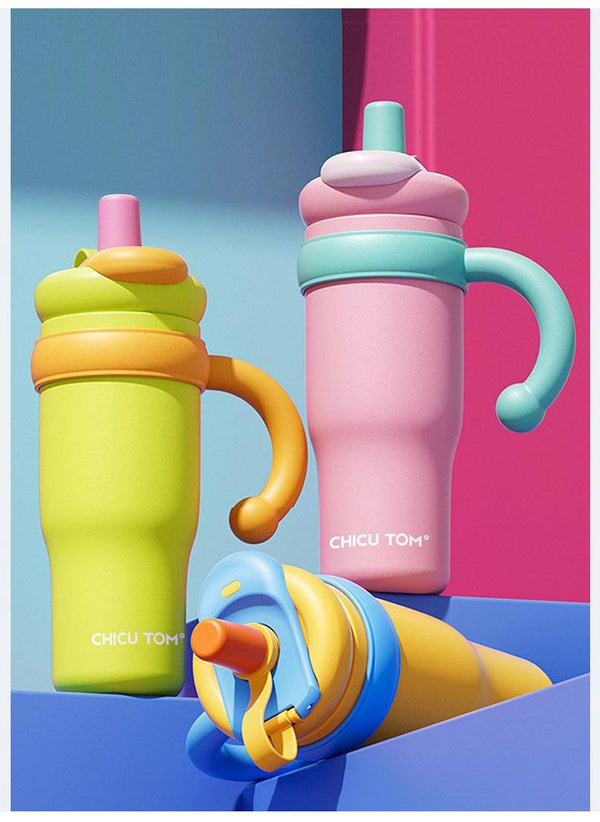 MyLaEvo 34oz bottles in yellow-orange, pink-blue, and orange-blue with color-block background