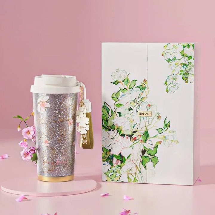 MyLaEvo natural titanium cup with gift box on pink floral background