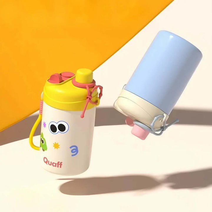 White and blue insulated bottles floating on yellow and cream background, blue bottle upside down showing leakproof feature.