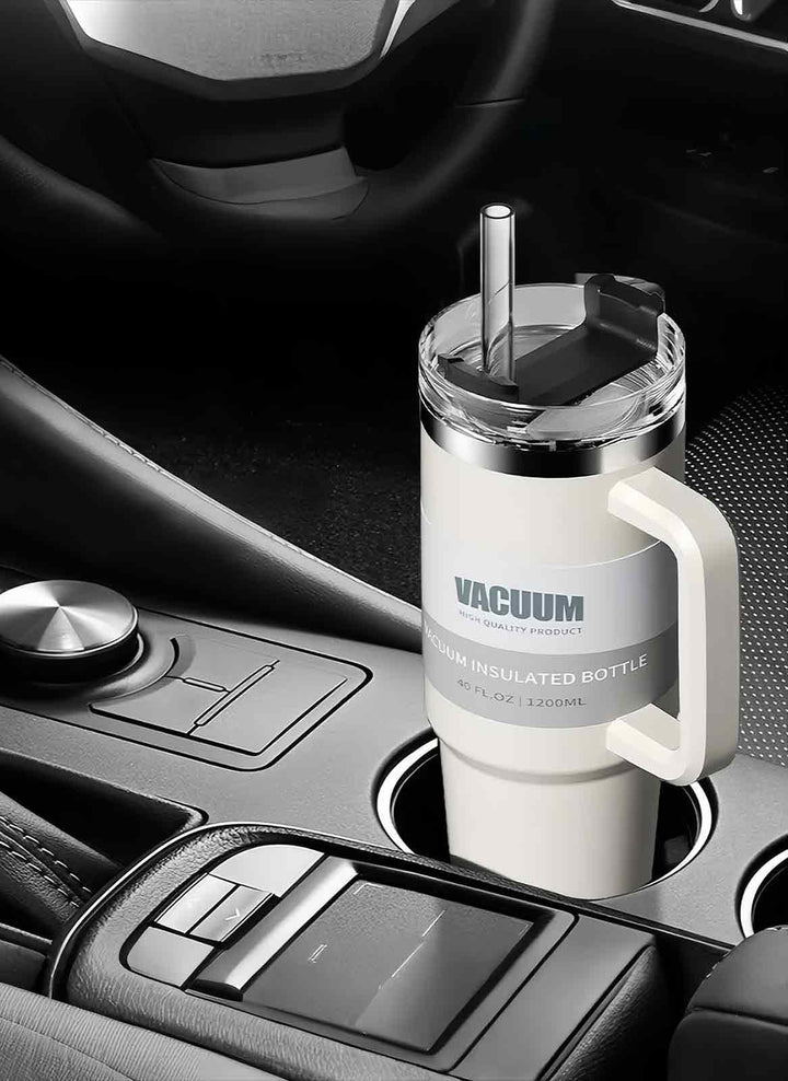 MyLaEvo white bottle with built-in straw in car cup holder, real usage scene