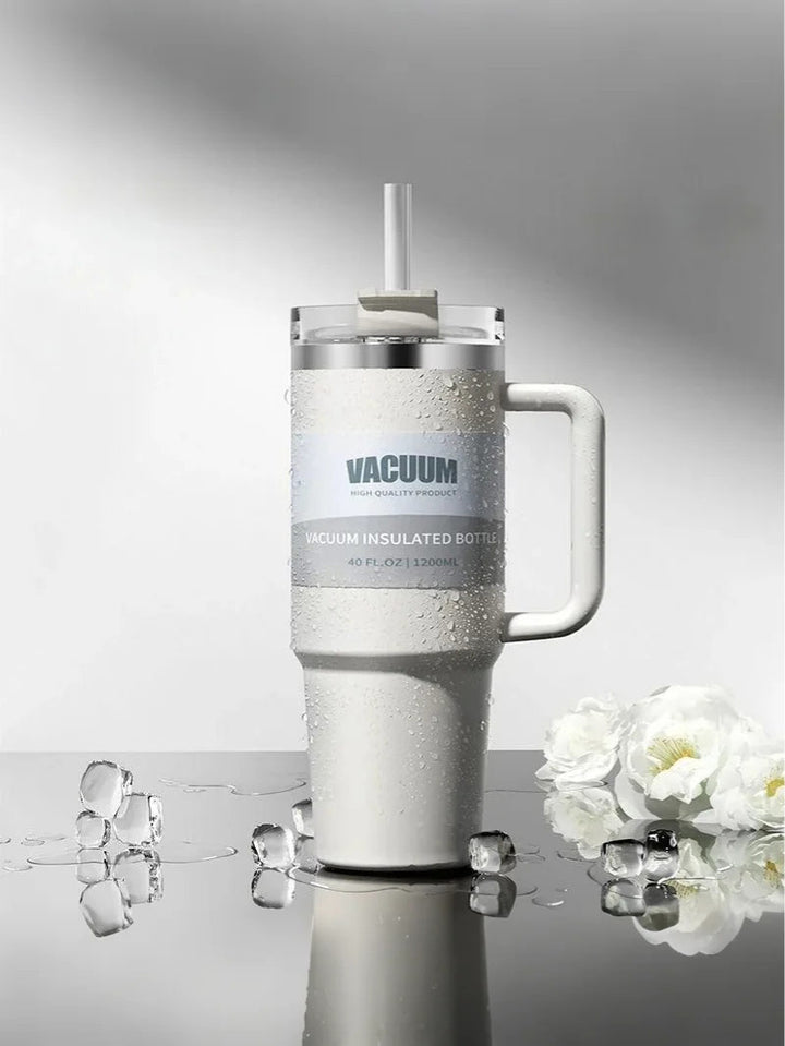MyLaEvo white bottle with icy droplets in white floral minimalist setting