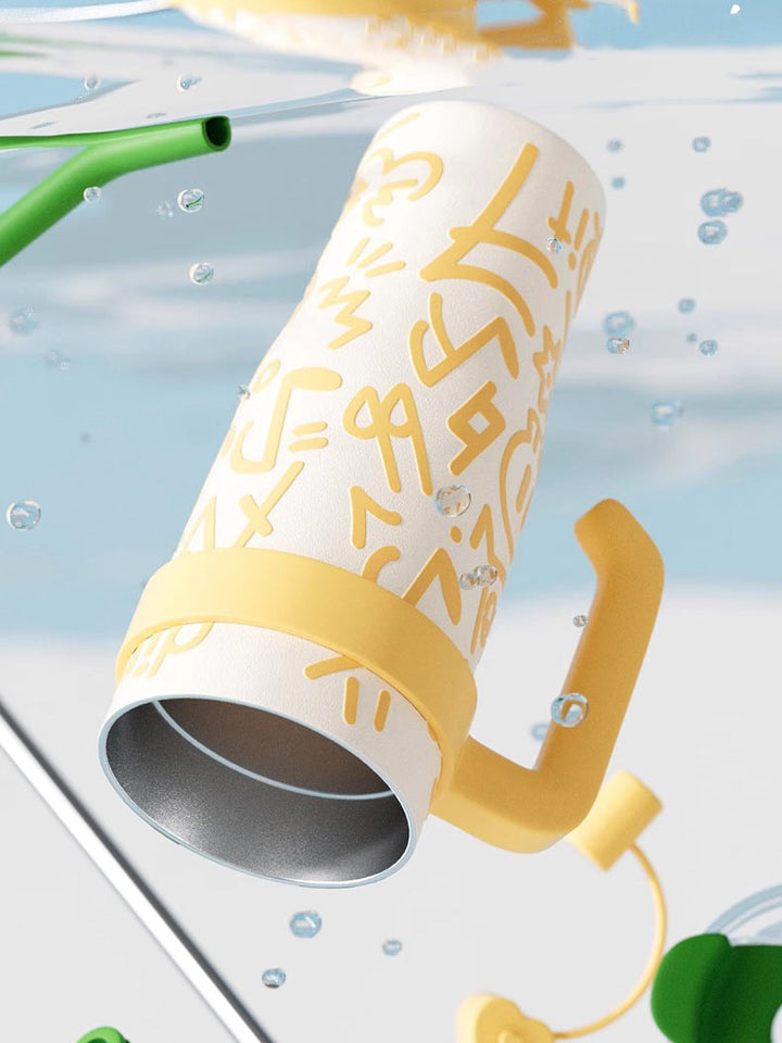 MyLaEvo white bottle with yellow print submerged in water showing easy-clean feature