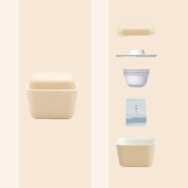 White Peony tea set shown in whole and exploded views, highlighting design and components.

