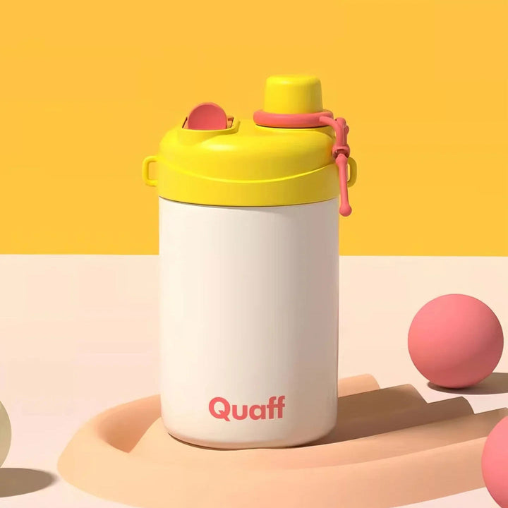 Chic white bottle with sunny yellow lid and soft pink accents, set on bold pink-yellow geometric backdrop.
