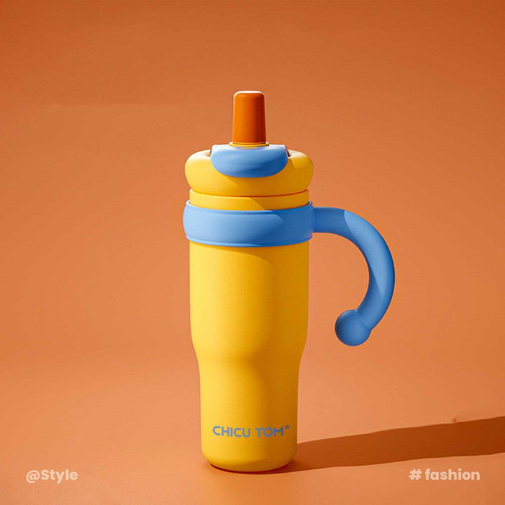MyLaEvo yellow bottle with blue handle and orange cap on solid orange background