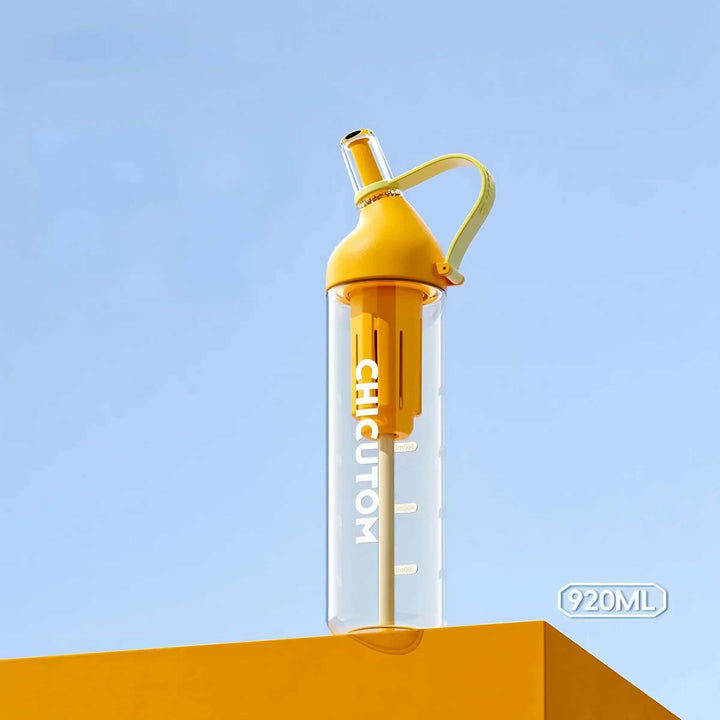 Yellow product on yellow surface with lemon yellow strap against blue background, showcasing warm tones.