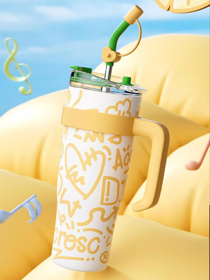 MyLaEvo yellow bottle surrounded by musical notes on matching background, reflecting joyful mood