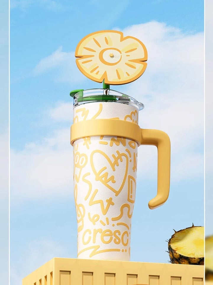 MyLaEvo patterned bottle on yellow crate with pineapple beside and sky background
