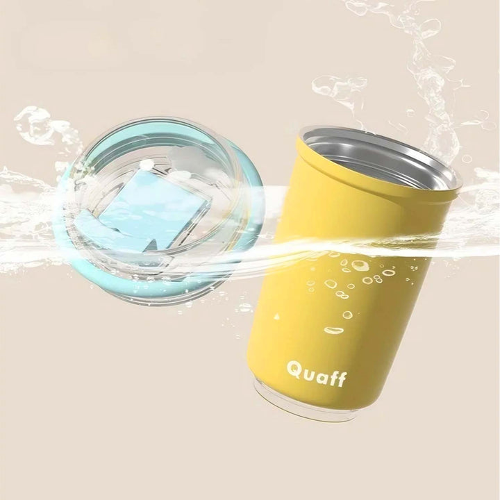 Yellow cup with blue-rimmed transparent lid separated, floating in water, showcasing product details.
