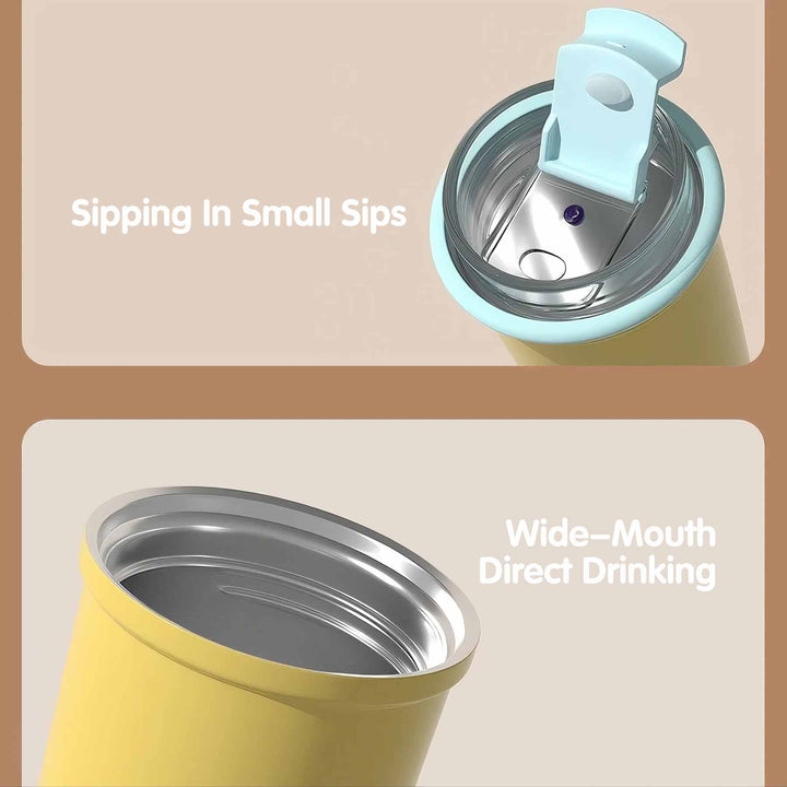 Yellow creamy cup with lid showing small drinking opening and large mouth when opened, highlighting simple design.