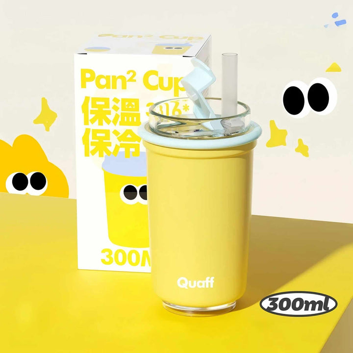 Yellow cup with straw; illustrated packaging behind; yellow-white background with cute illustration elements.