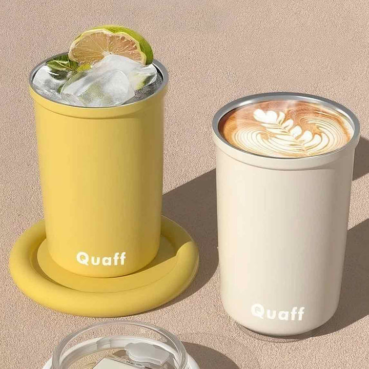 Yellow cup with ice and lemon; white cup with hot coffee steam, displayed on minimalist background.